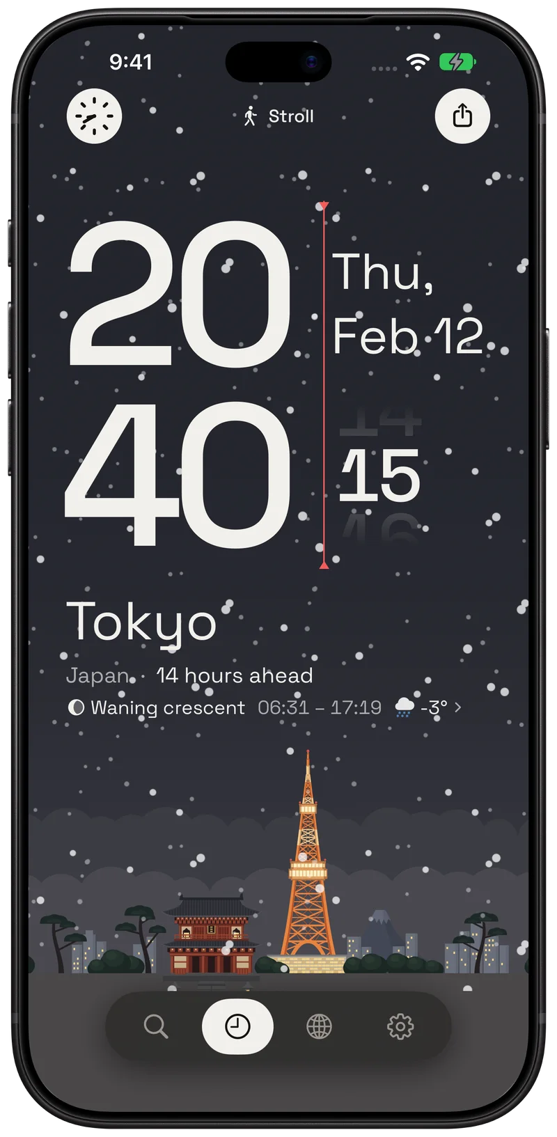 Tokyo at 20:40, with snow falling above Tokyo Tower.