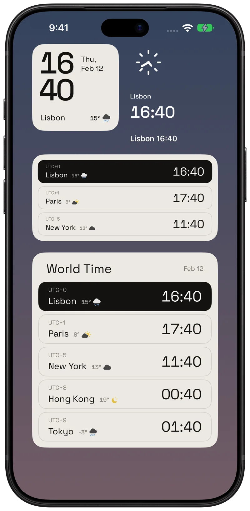 Your cities and their hours, always in view.