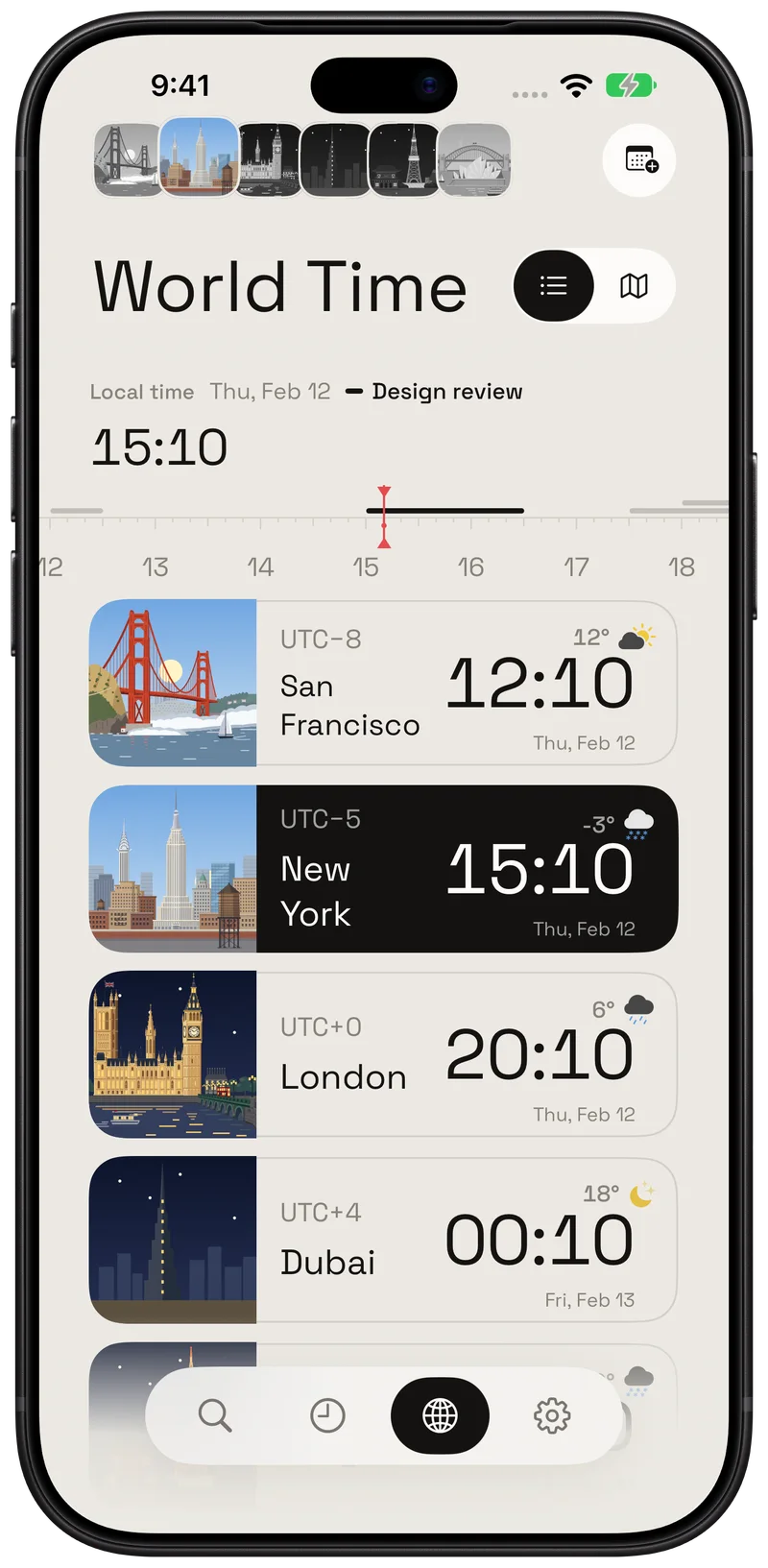 Compare local times, weather and day or night.